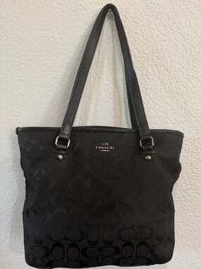 Coach Signature Jacquard Black Tote Bag with Leather Straps and Back Zip Pocket